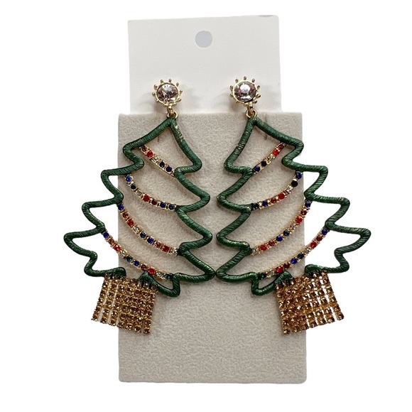 New Large Metal Rhinestone Christmas Tree Statement Earrings - Picture 1 of 6